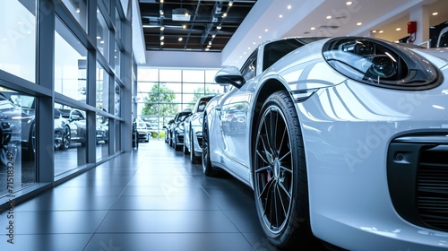 Car showroom concept background showcasing a close-up of a new car ready for purchase © Matthew