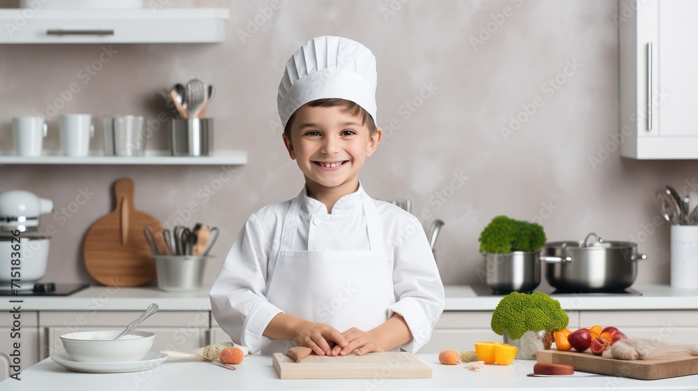 A Cooking, happy boy wearing chef's uniform. Little cook and kitchen equipment. Cooking concepts in the chef profession On empty space on white transparent background isolated A Cooking, happy boy wearing chef's uniform. Little cook and kitchen equipment. Cooking concepts in the chef profession On empty space on white transparent background isolated