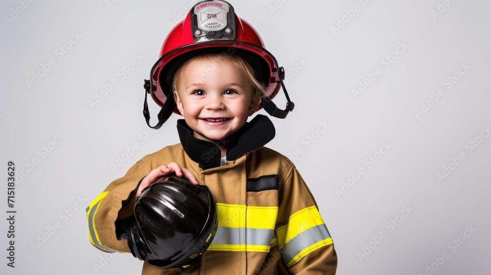 A Happy boy wearing firefighter uniform, little firefighter and fire extinguishing equipment, firefighter career adventure concept. on empty space on a white isolated transparent background. A Happy boy wearing firefighter uniform, little firefighter and fire extinguishing equipment, firefighter career adventure concept. on empty space on a white isolated transparent background.