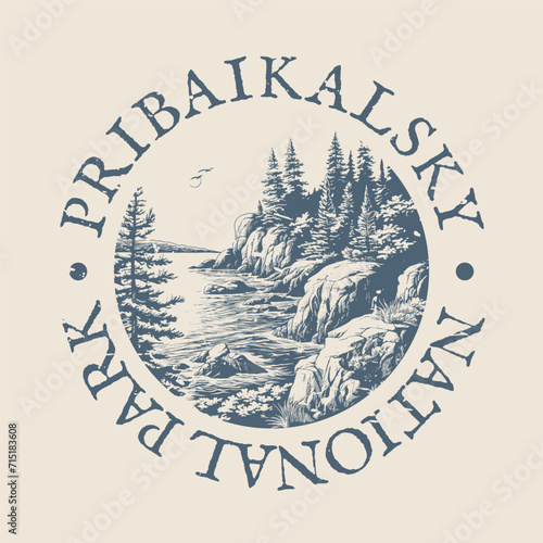 Pribaikalsky, Irkutsk Oblast, Russia Illustration Clip Art Design Shape. National Park Vintage Icon Vector Stamp. photo