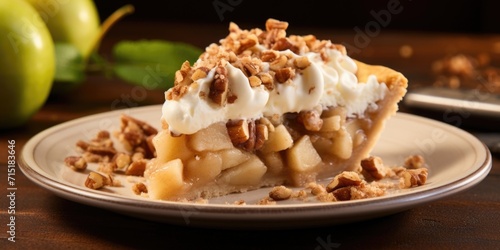 A succulent image capturing a slice of apple pie with a crumbly streusel topping, adding an extra touch of texture, and toasted walnuts enhancing the warm, ery flavors of the apple filling. photo