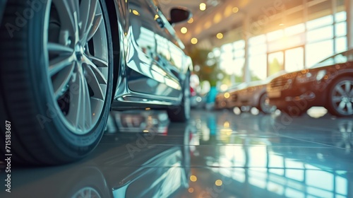Car showroom concept background showcasing a close-up of a new car ready for purchase © Matthew