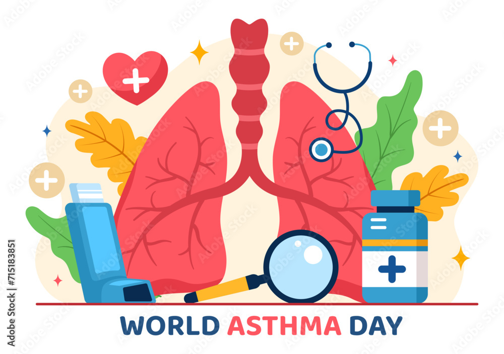 World Asthma Day Vector Illustration on May 2 with Inhaler, Medical Equipment and Health Prevention Lungs in Healthcare Flat Cartoon Background World Asthma Day Vector Illustration on May 2 with Inhaler, Medical Equipment and Health Prevention Lungs in Healthcare Flat Cartoon Background