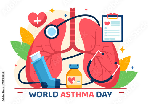 World Asthma Day Vector Illustration on May 2 with Inhaler, Medical Equipment and Health Prevention Lungs in Healthcare Flat Cartoon Background