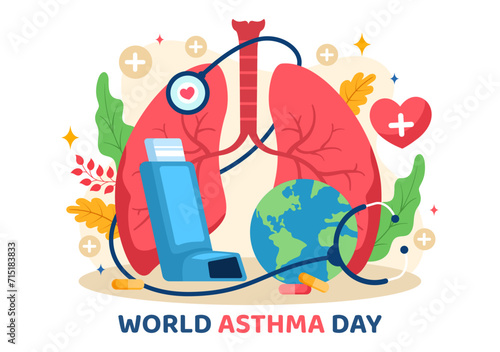 World Asthma Day Vector Illustration on May 2 with Inhaler, Medical Equipment and Health Prevention Lungs in Healthcare Flat Cartoon Background