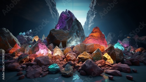 Capture the intricate details of a mesmerizing 3D rendering of a geology exhibit, showcasing a diverse collection of rocks, minerals, and geological formations.