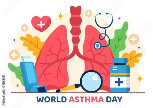 World Asthma Day Vector Illustration on May 2 with Inhaler, Medical Equipment and Health Prevention Lungs in Healthcare Flat Cartoon Background © denayune