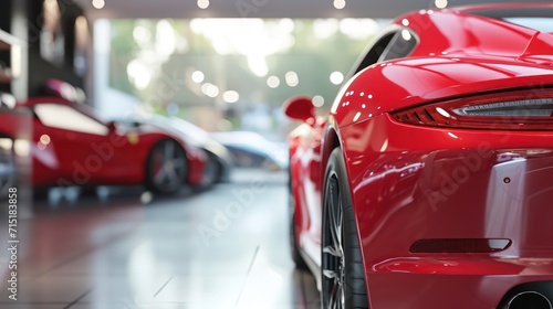 Car showroom theme with a close-up view of a new car prepared for sale. © Matthew