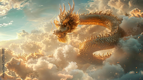 Gold Chinese dragon surrounded by clouds, creative character design, full length, ultra realistic, sky and cloud sea in background 