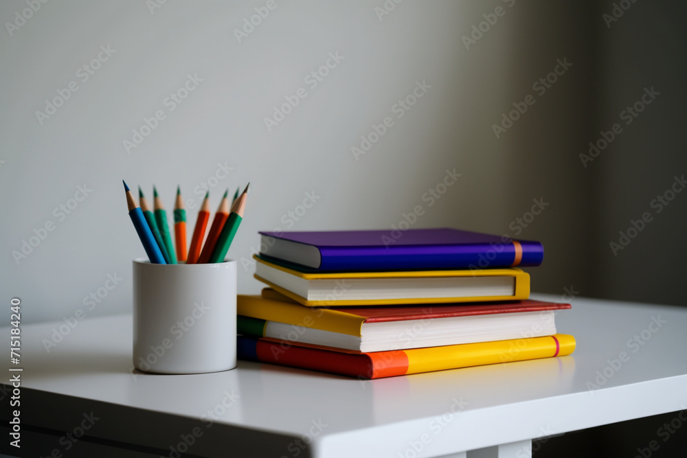 A book pile close up on a study desk. Front view pile book. Stack of colorful books on study table A book pile close up on a study desk. Front view pile book. Stack of colorful books on study table