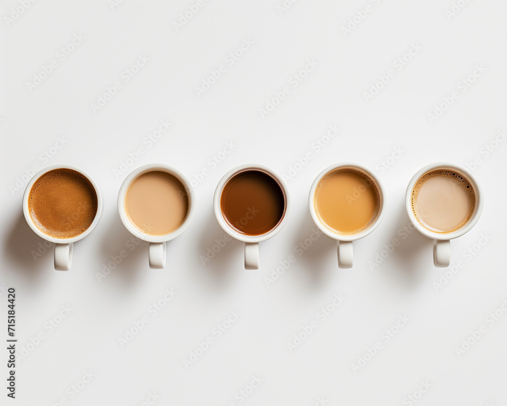 overhead view of five white cups with coffee different shades of cream-colored coffee liquid. white background, in the style of minimalism overhead view of five white cups with coffee different shades of cream-colored coffee liquid. white background, in the style of minimalism