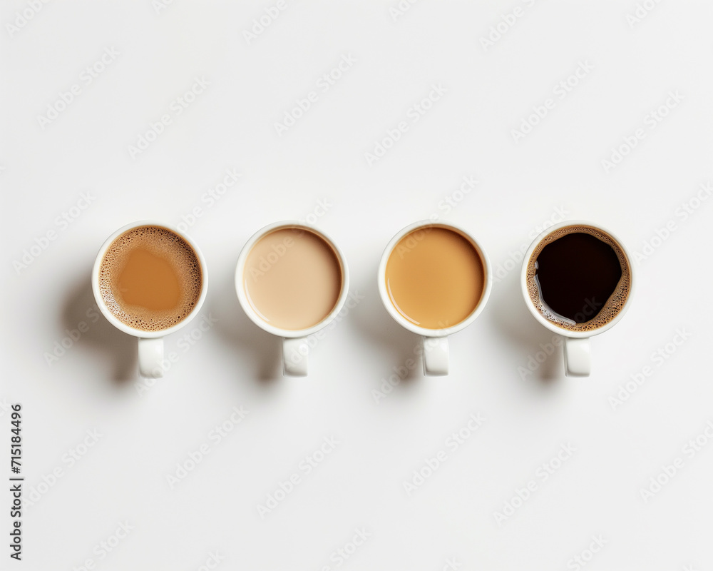 overhead view of five white cups with coffee different shades of cream-colored coffee liquid. white background, in the style of minimalism overhead view of five white cups with coffee different shades of cream-colored coffee liquid. white background, in the style of minimalism
