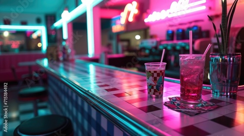 A neon light display of a checkered tablecloth with a soda fountain gl outlined in neon representing the quintessential dining experience of a retro diner photo