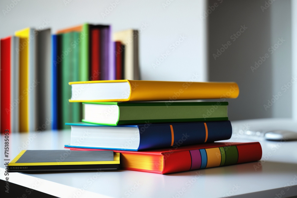 A book pile close up on a study desk. Front view pile book. Stack of colorful books on study table A book pile close up on a study desk. Front view pile book. Stack of colorful books on study table