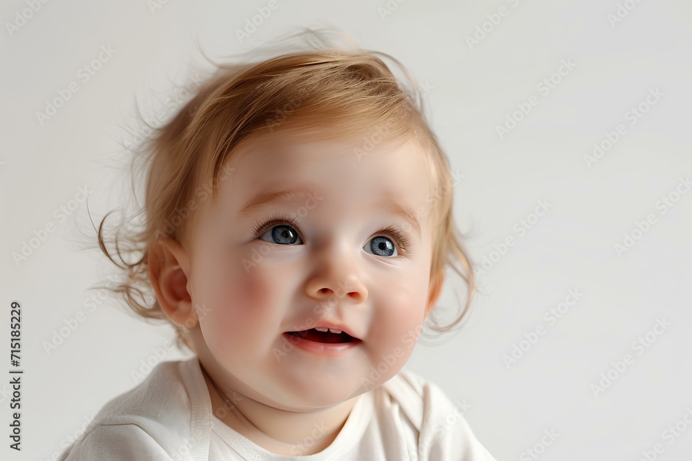 A healthy cheerful baby isolated on a white background, the child looks into the camera. generative AI