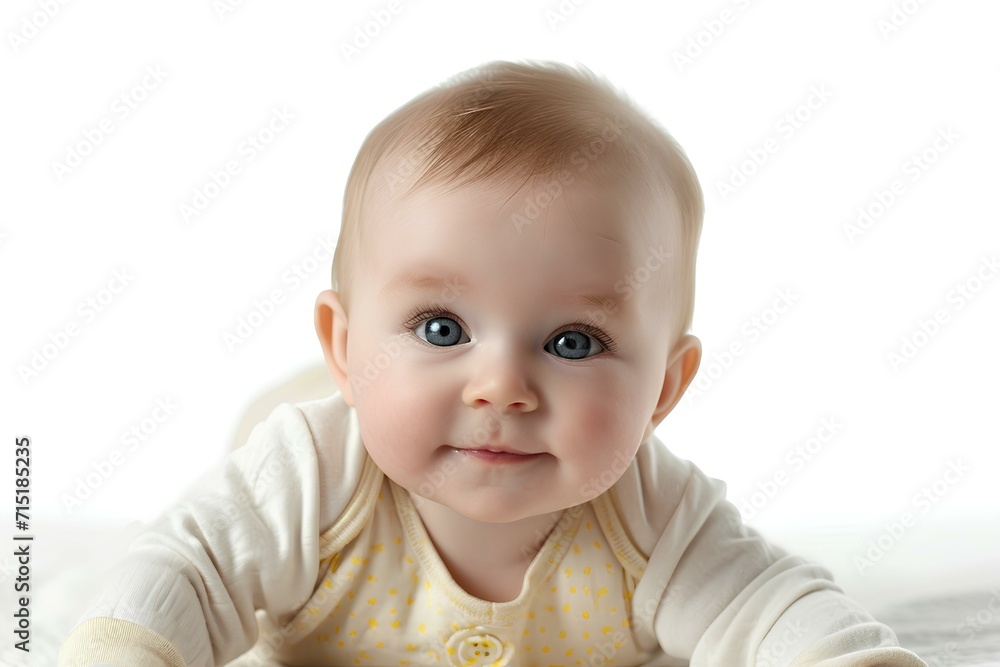 A healthy cheerful baby isolated on a white background, the child looks into the camera. generative AI A healthy cheerful baby isolated on a white background, the child looks into the camera. generative AI