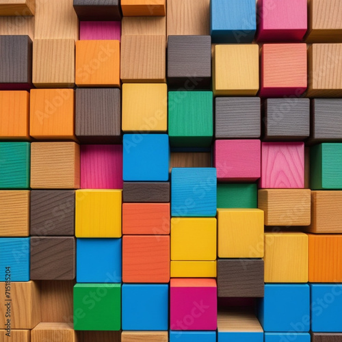 Colorful wooden building blocks neatly arranged together, puzzle concept, abstract background 