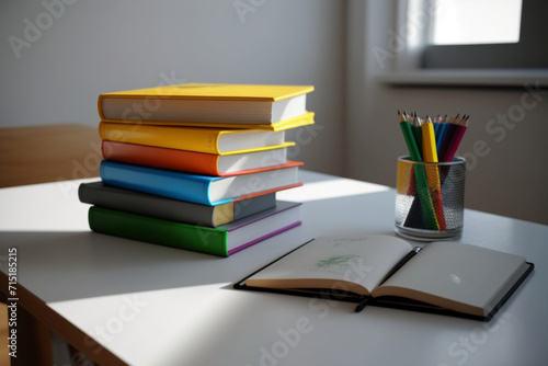 A book pile close up on a study desk. Front view pile book. Stack of colorful books on study table © Realistic AI