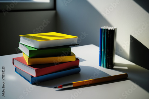 A book pile close up on a study desk. Front view pile book. Stack of colorful books on study table