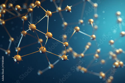 Molecular Chain of Golden Molecules on Blue Background