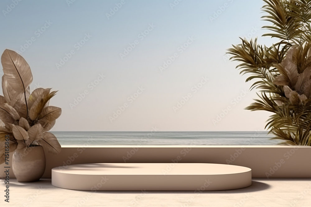Obraz premium 3D Podium with Shadow Nature Leaves, Brown Wall, and Sea Background