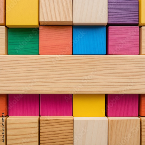 Colorful wooden building blocks neatly arranged together, puzzle concept, abstract background 