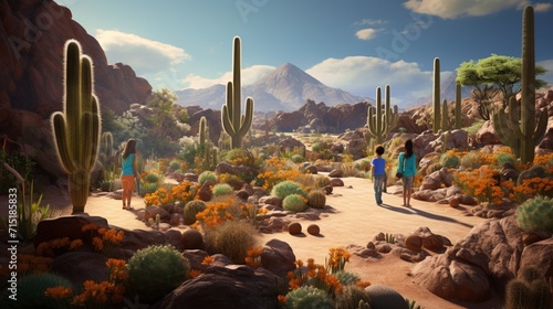 Explore the wonders of a simulated desert ecosystem exhibit, with a stunning 3D rendering of cacti, sand dunes, and the unique flora and fauna of arid regions. photo