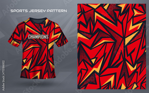 Red yellow black t-shirt sport design template with modern geometric pattern. Sports jersey mockup for football and soccer. Uniform front view photo
