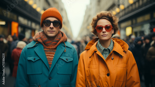 couple shopping in a street market - tourists - stylish fashion - March - protest - crowd - winter - cold