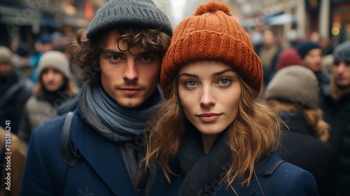  couple shopping in a street market - tourists - stylish fashion - March - protest - crowd - winter - cold