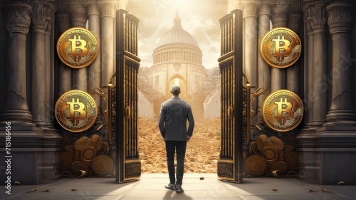 a businessman stands between two ornate Bitcoin doors, gazing upon a futuristic cityscape, evoking themes of opportunity and financial innovation