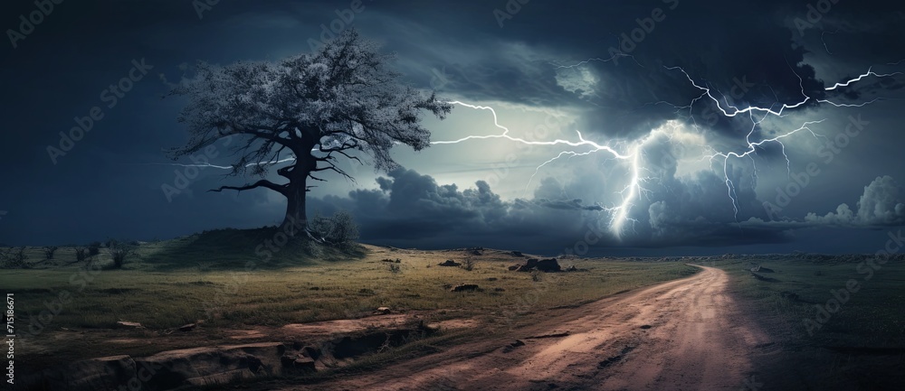 Fototapeta premium lightning bolt, tree sky and stormy morning