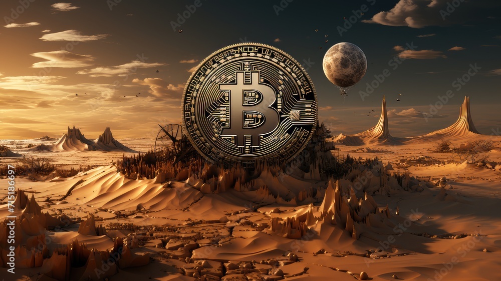 a colossal bitcoin emblem towers over an alien desert landscape with a distant moon, creating a sci-fi tableau of cryptocurrency's reach
