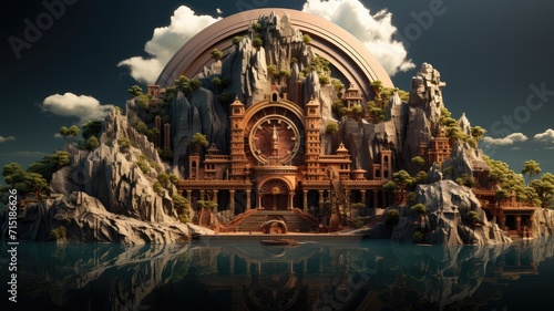 a captivating scene portraying a classical building enclosed within a timepiece  surrounded by a forest and floating rocks  invoking a sense of time and fantasy