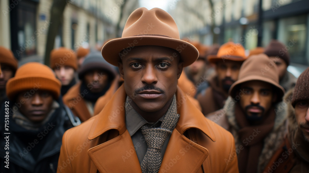 Fototapeta premium Black man dressed in suit - March - protest - serious expression - street - civil disobedience - close-up,shot 