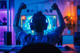 Professional gamer plays video games on a computer. E-Sports gamer rejoices in the victory. Illustration for esports and gaming.