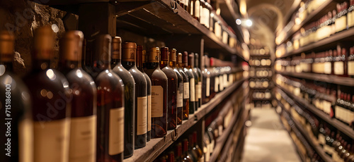 dark wine shelf row in a wine cellar