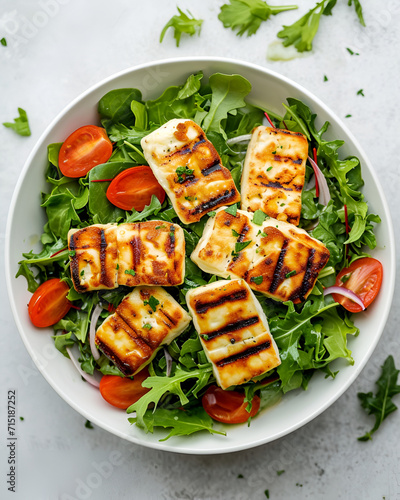 Grilled halloumi salad on a white plate sprinkled with arugula around the outside of the plate