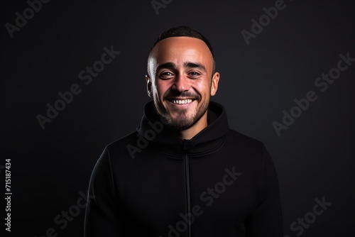 Portrait of a smiling man in black hoodie on black background