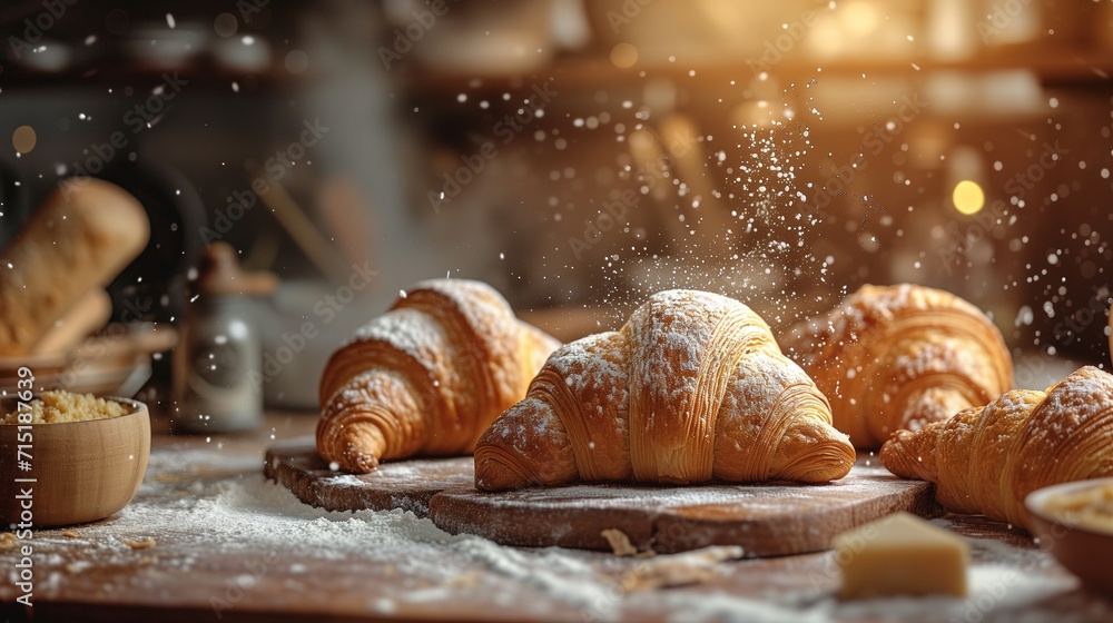 Baker meticulously crafts croissants, skillfully sprinkling sugar glaze on each one, creating a delectable treat straight from the oven - obrazy, fototapety, plakaty 