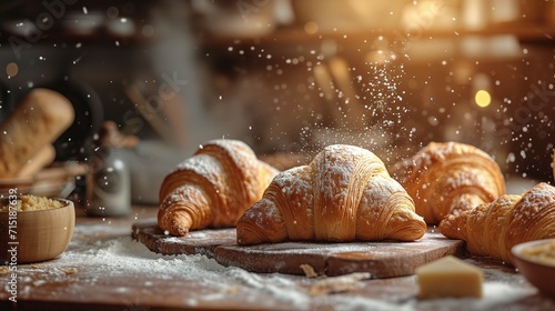 Baker meticulously crafts croissants, skillfully sprinkling sugar glaze on each one, creating a delectable treat straight from the oven photo