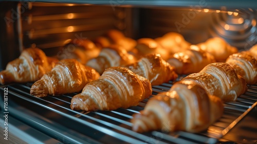 Freshly baked croissants are in tray after leaving the oven for customers