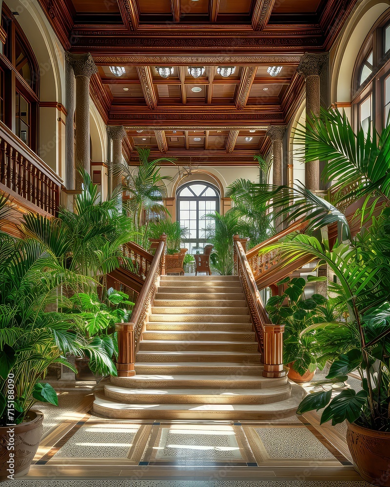 A photo of an elegant summer resort lobby, with lush indoor plants and a grand staircase, in a sophisticated architectural photography 
