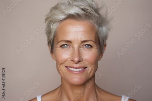 Portrait of a beautiful senior woman with short hair smiling at the camera