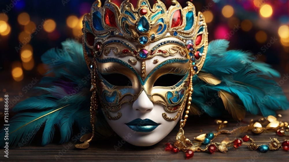 Regal Splendor of a royal white mask with turquoise feathers.