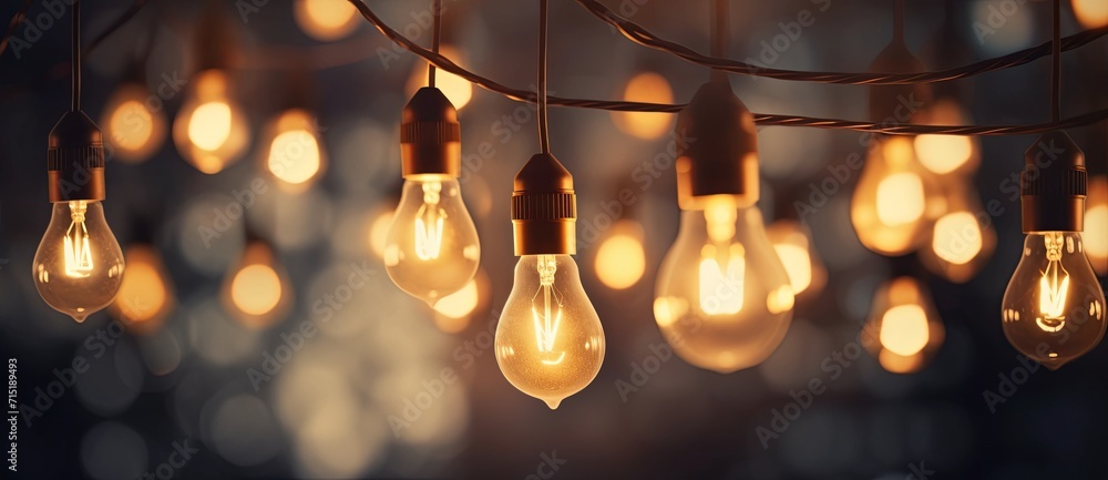 large light bulbs and string with a metal pole - obrazy, fototapety, plakaty 