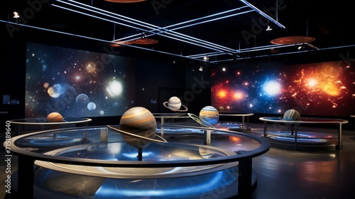 Explore the wonders of a simulated space exploration exhibit, with a stunning 3D rendering of planets, moons, and celestial bodies in our solar system.