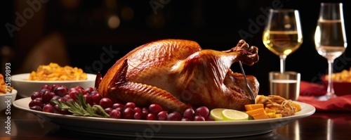 A mouthwatering shot focuses on a sumptuously plated Thanksgiving dinner, with cranberry sauce stealing the spotlight in a small, vibrant pool, complementing the golden roasted turkey and