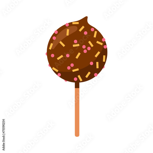 Cake pop vector icon. Tasty dessert with chocolate glaze and colorful sprinkles. A treat on a stick, sweet pastry for kids. Round snack for a party, birthday. Flat cartoon clipart isolated on white.