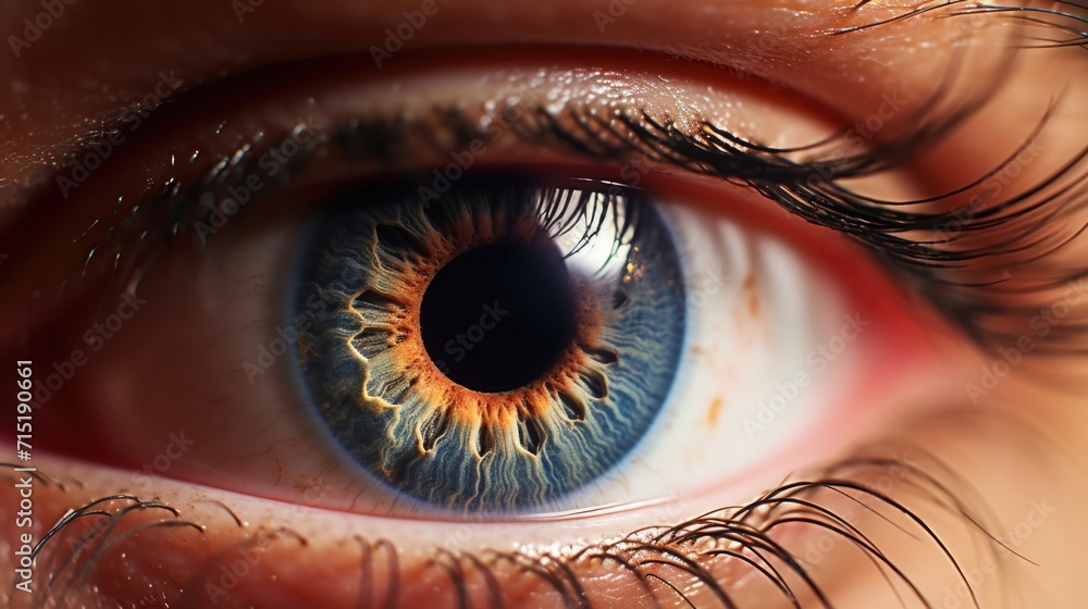 A macro photograph of a human eye with dilated pupils, highlighting the